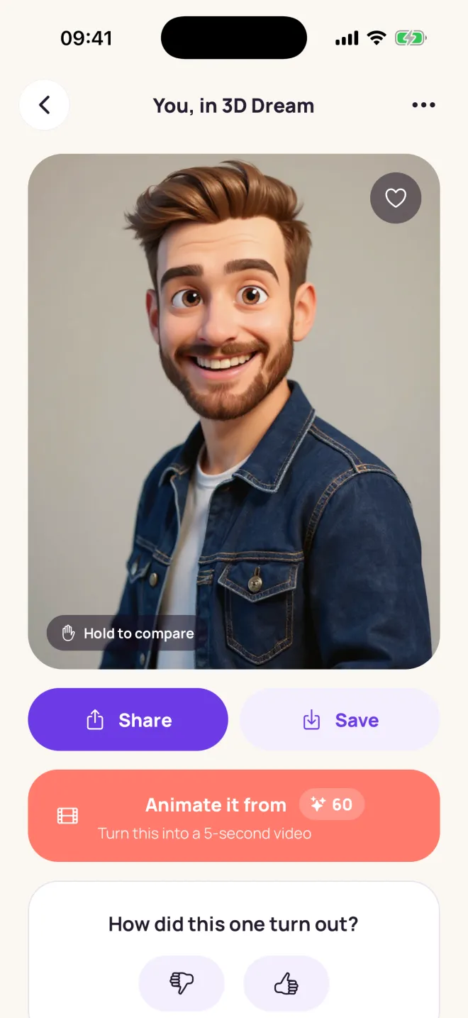 A finished 3D Dream portrait with the Animate it button